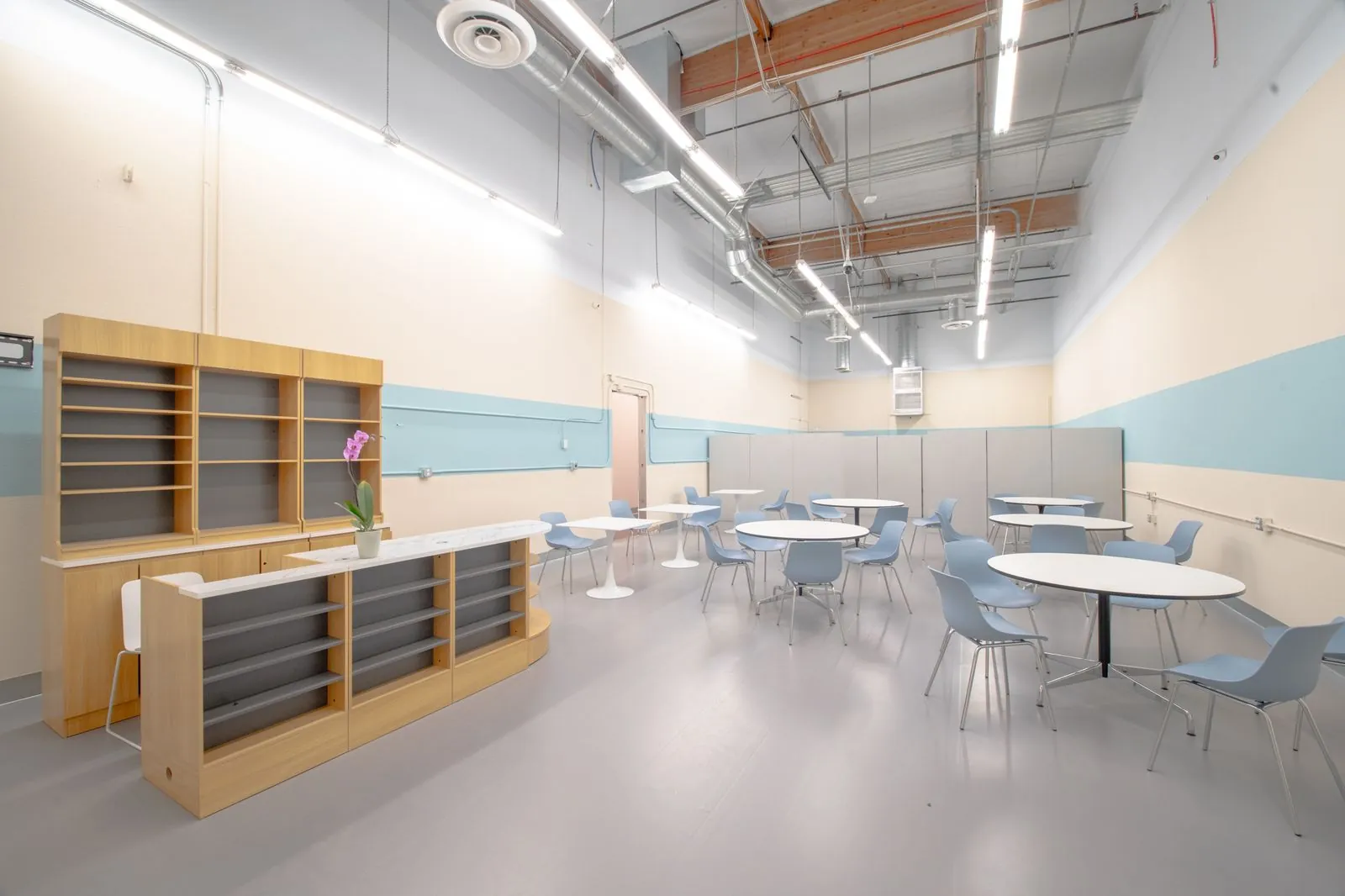 School cafeteria with serving counter, tables and chairs