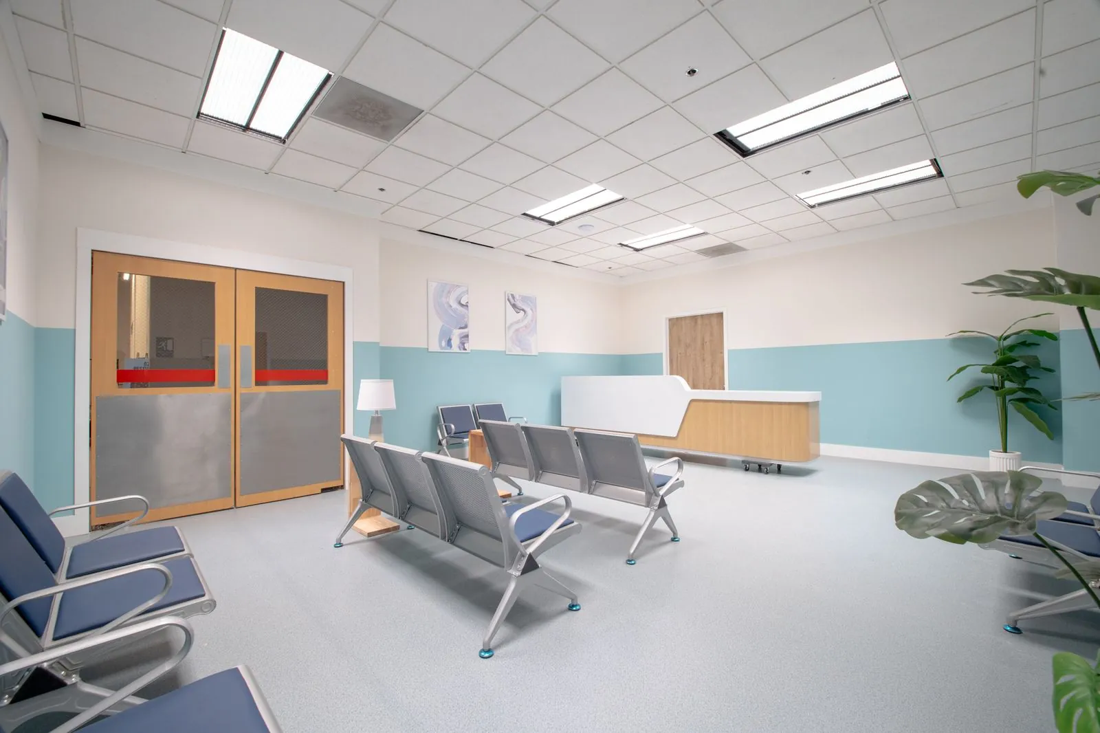 Waiting area looking toward the hospital set's double doors