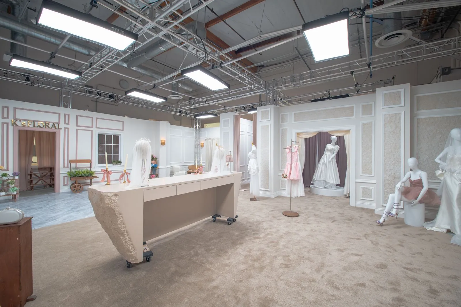 Sales counter and dress rails in the bridal shop