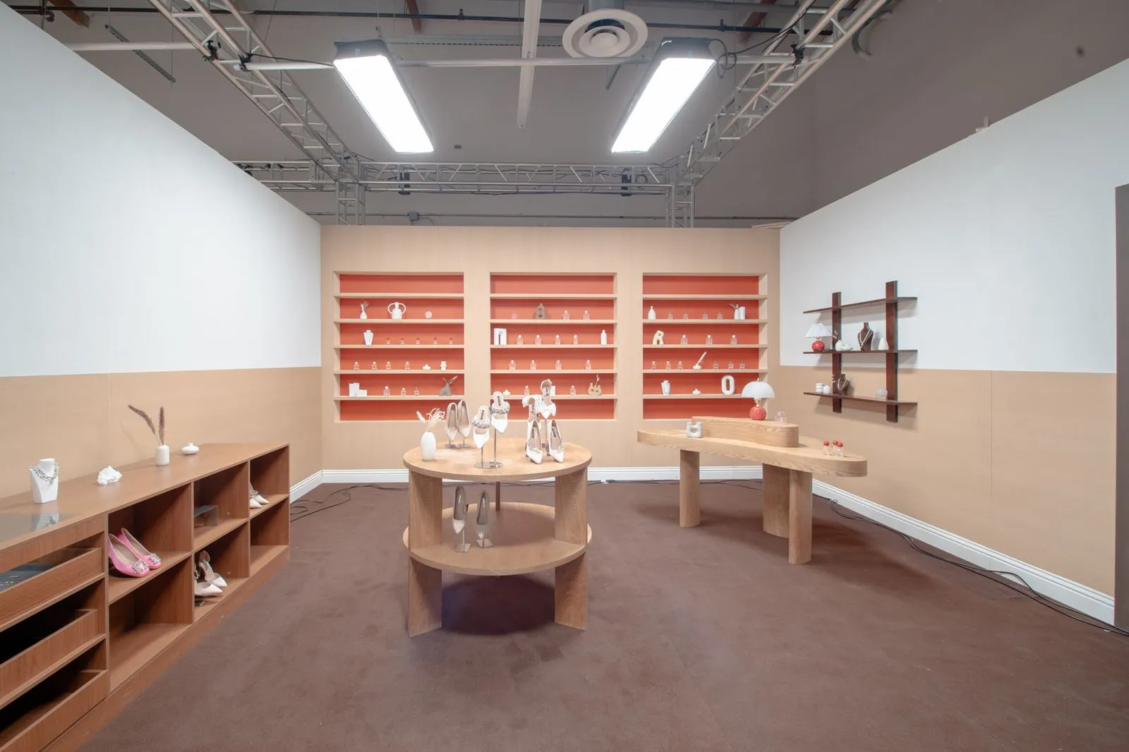 Retail shop interior, shelving and central display