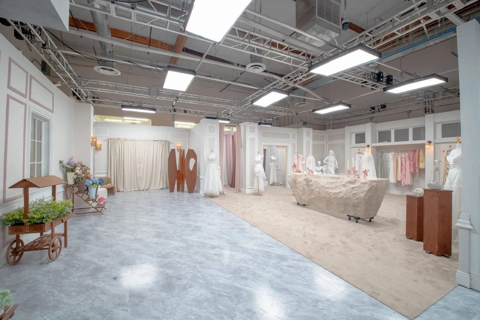 Gowns and display plinths in the bridal shop