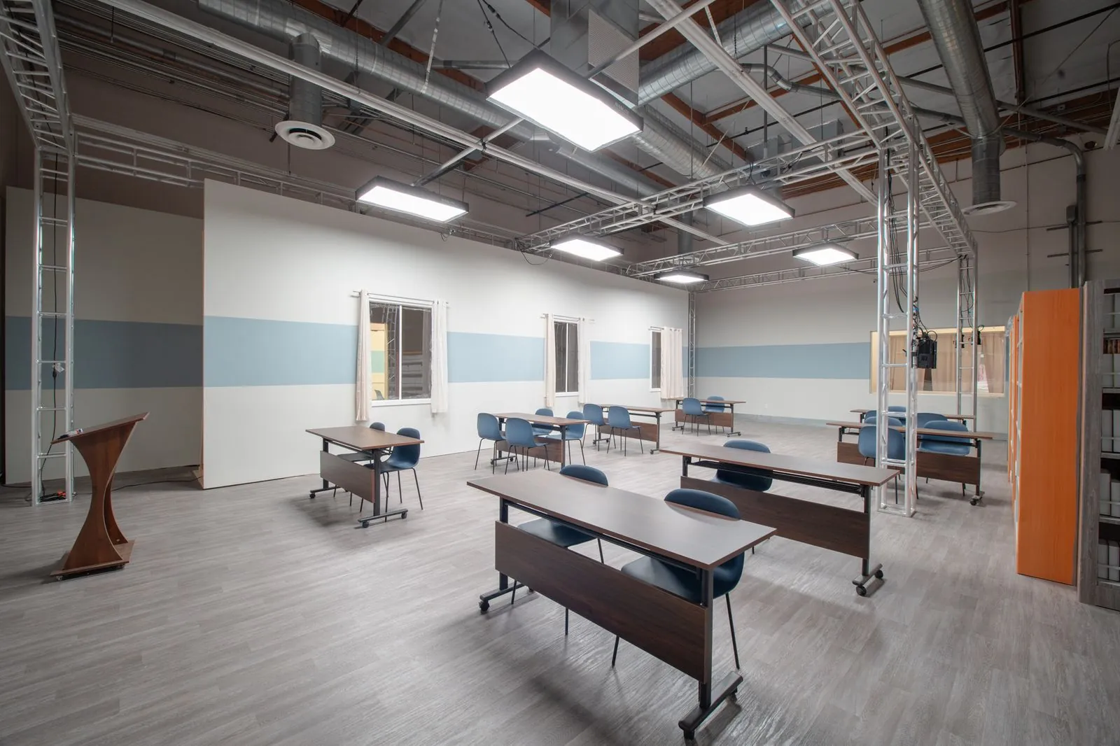 Wide view of the classroom and adjoining stacks
