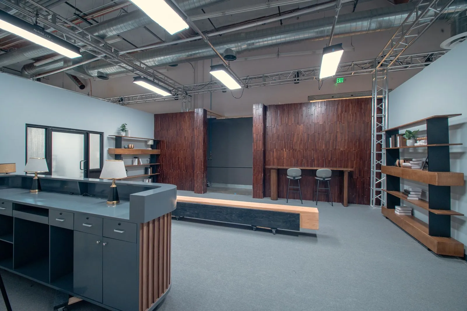 Behind the reception counter, looking across the office lobby