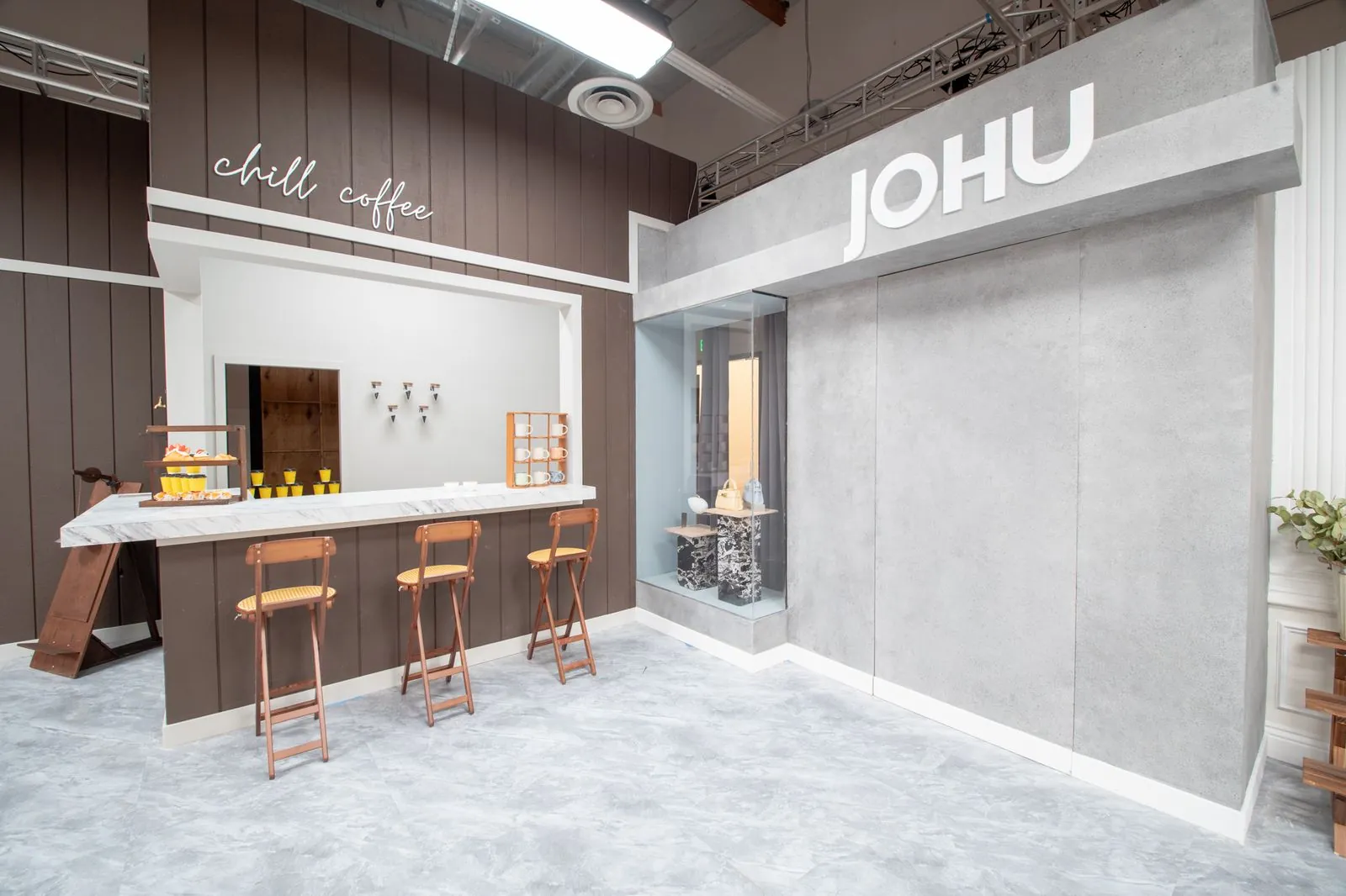 Mall storefront and coffee counter with stools